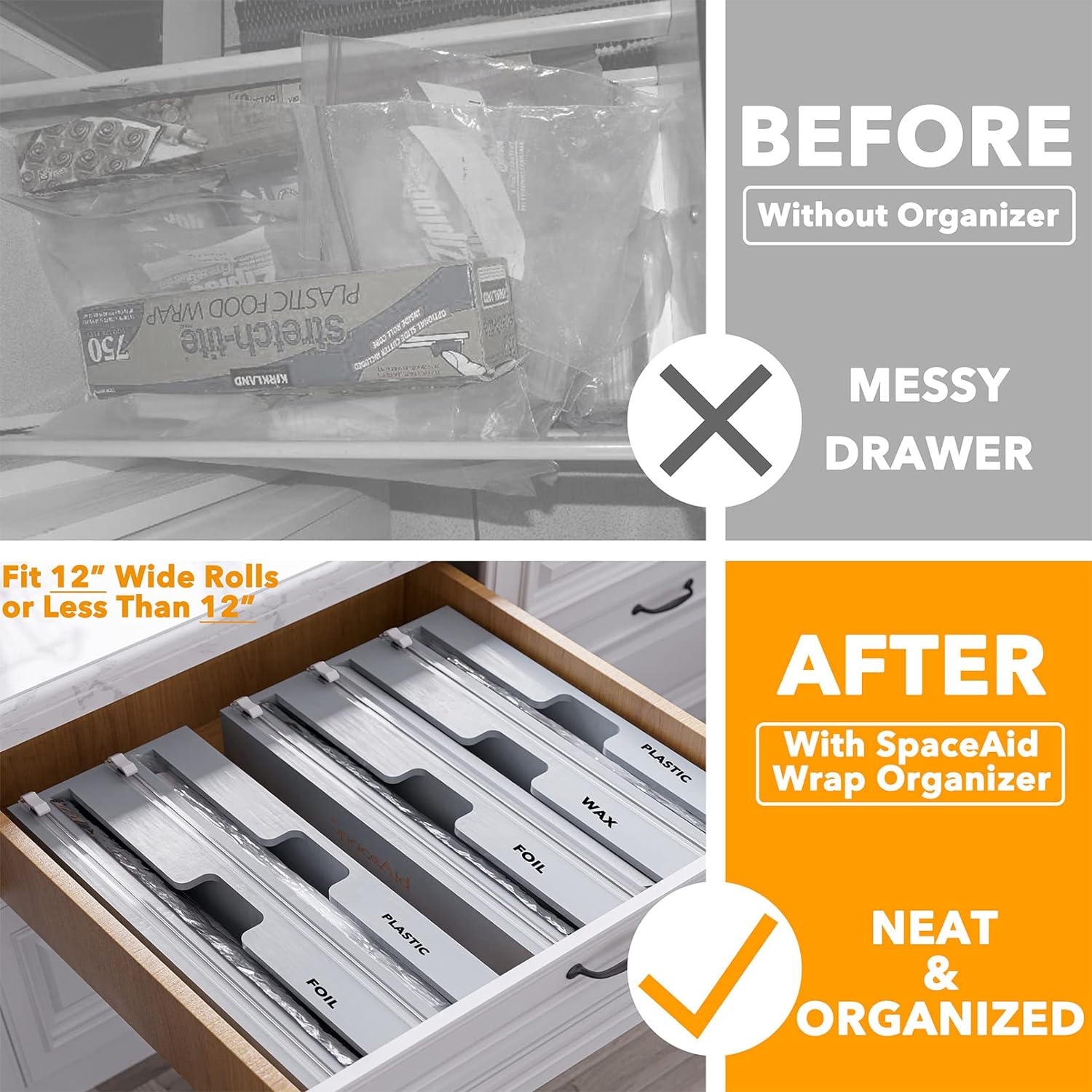 Wrap Organizer with Cutter and Labels, Plastic Wrap, Aluminum Foil and Wax Bamboo Dispenser, Storage Organization Holder -2 in 1 (12 Wrap Organizer with Cutter and Labels, Plastic Wrap, Aluminum Foil and Wax Bamboo Dispenser, Storage Organization Holder -2 in 1 (12